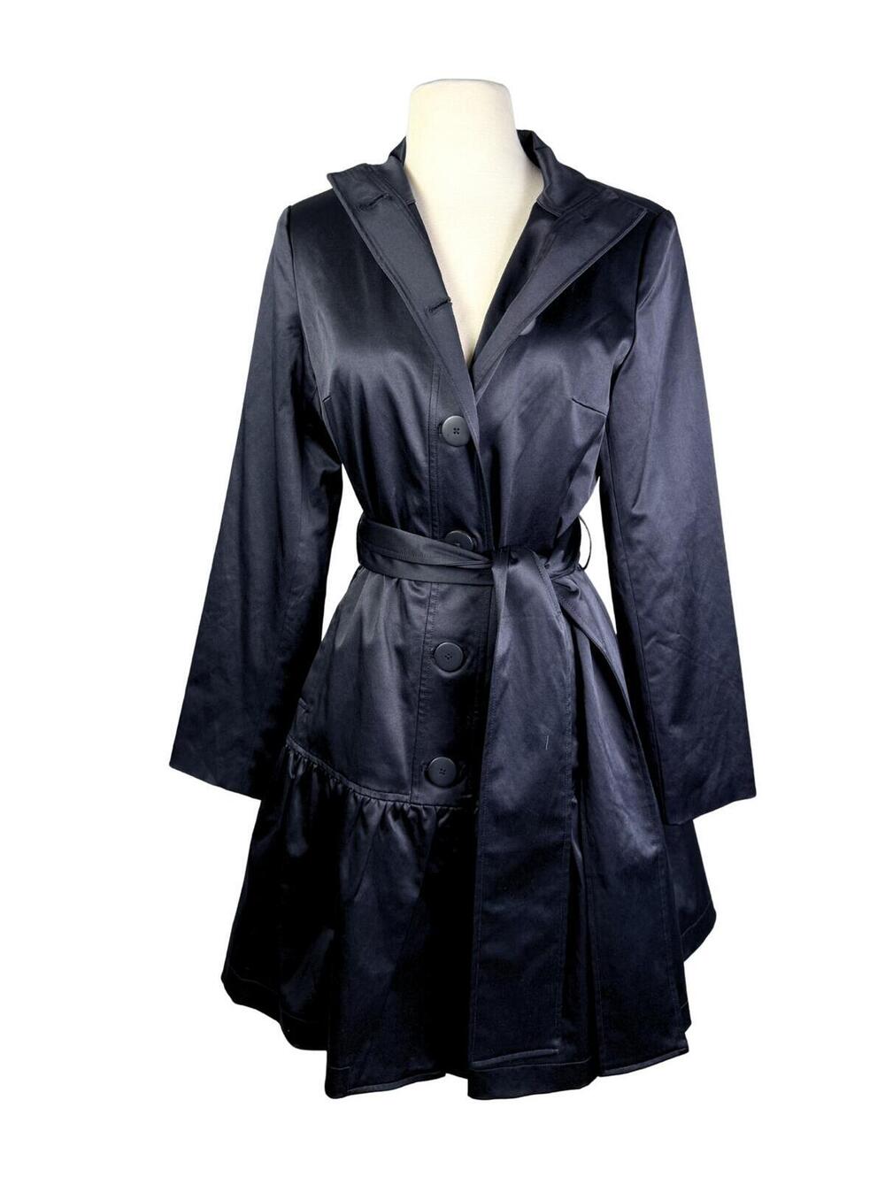 Marc Bouwer Black Satin Tie Waist Ruffle Hem Coat XS